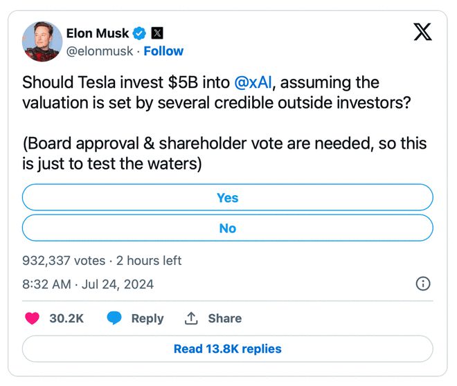 速看(2023澳门大全资料免费)特斯拉 CEO 马斯克询问网友是否支持向 xAI 投资 50 亿美元